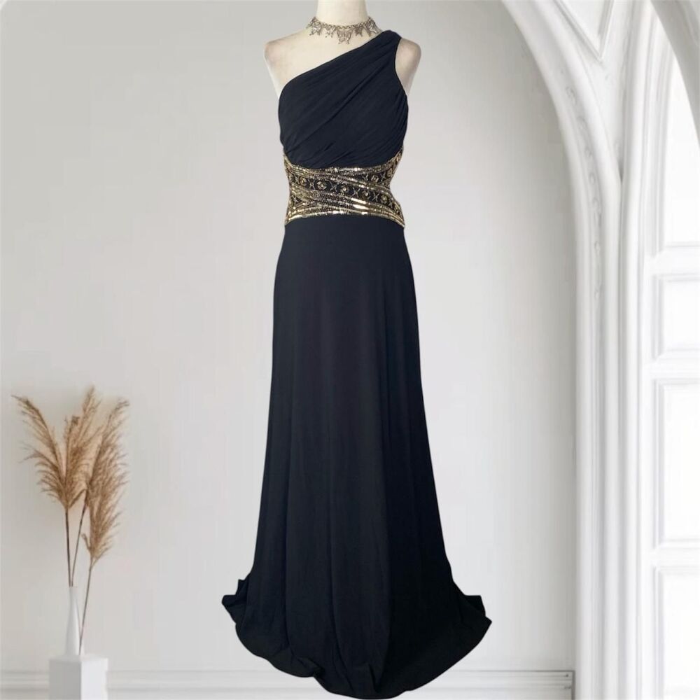 Betsy & Adam Black One Shoulder Dress with Gold Accents